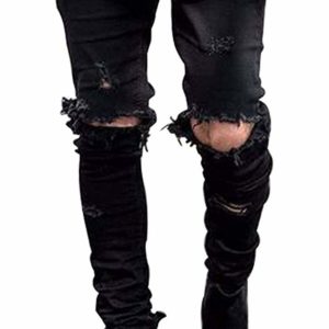 Men's Black Destroyed Skinny Denim Jeans with Holes in Knees