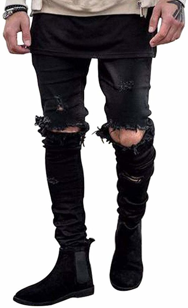 Men's Black Destroyed Skinny Denim Jeans with Holes in Knees