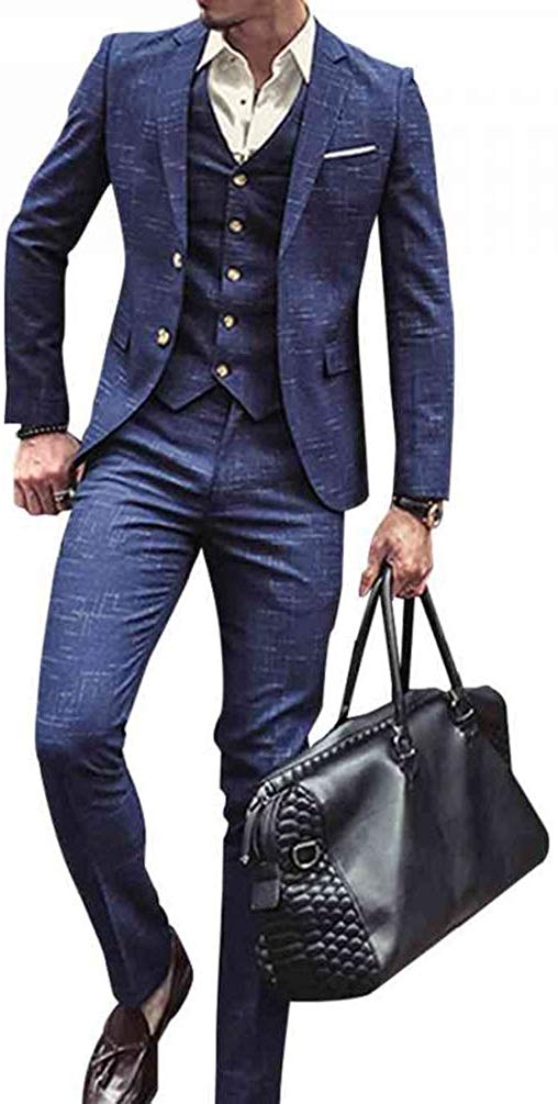 Men's 3 Piece Classic Slim Bright Blue Check Suit Classy Vintage Style