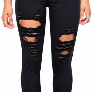 Women's Skinny Black Ripped High Waisted Jeans Destroyed Pants