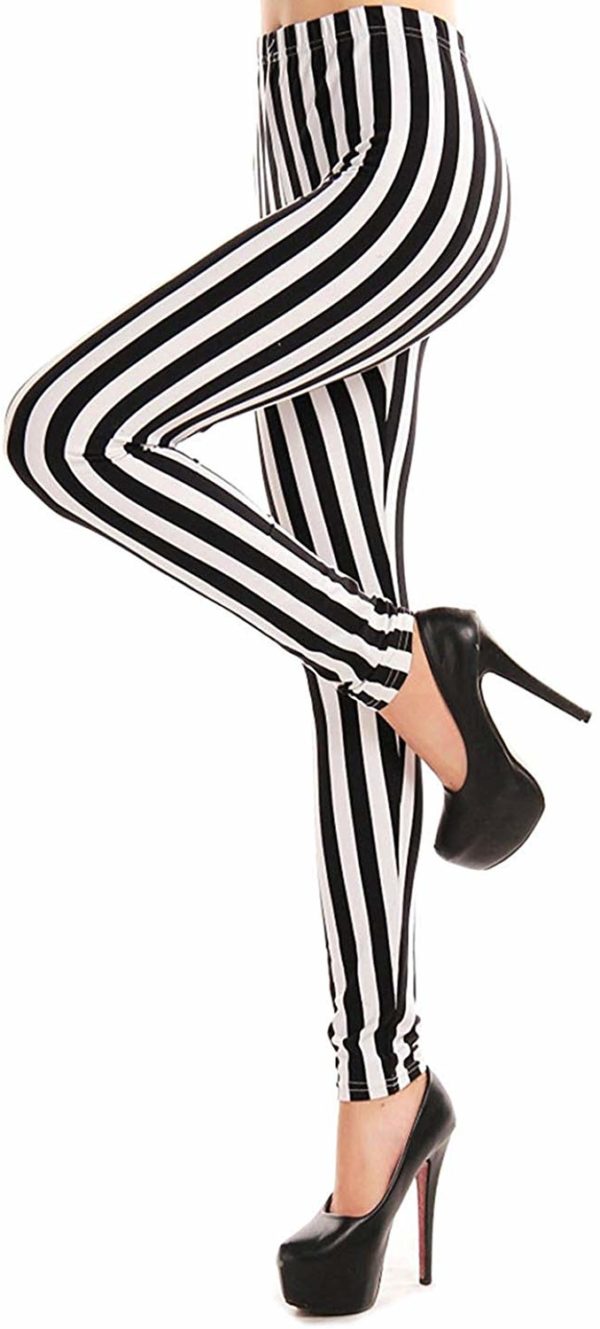 Women's Black and White Striped Stretchy High Waisted Casual Legging Pants