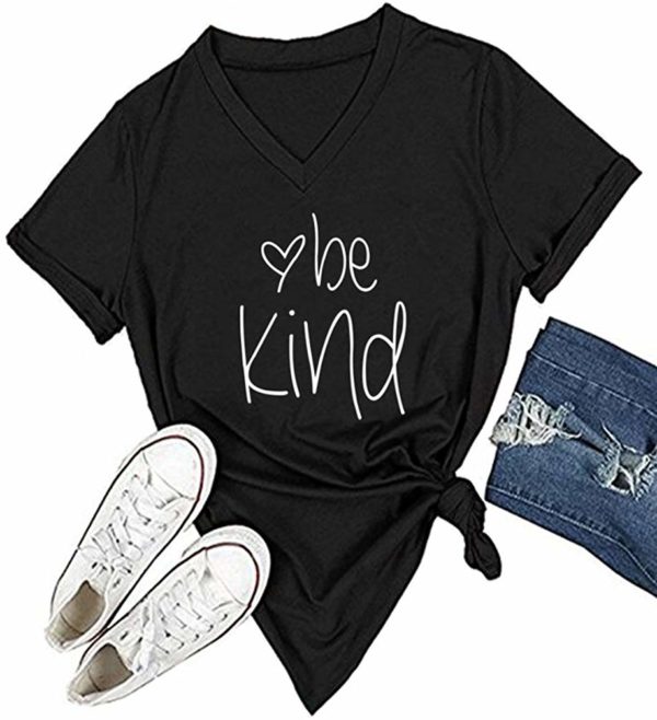 Be Kind Women's Black Tee Shirt V-Neck Casual Short Sleeve Top