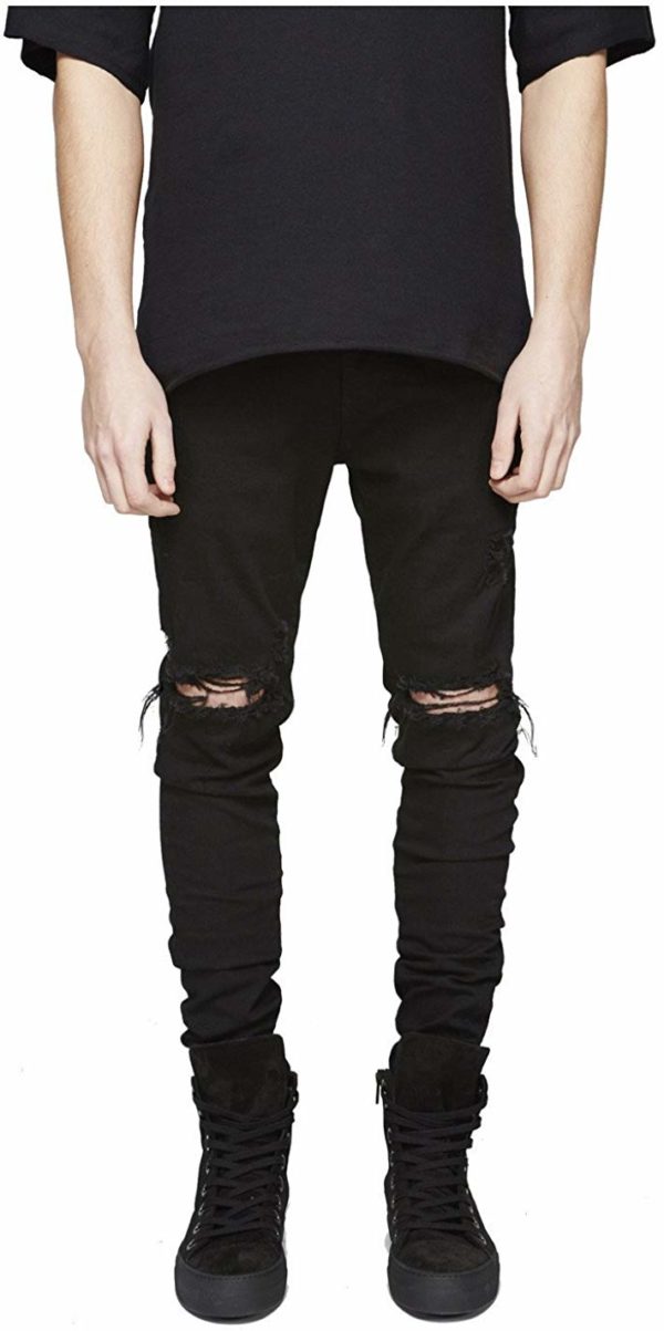 Men's Destroyed Black Skinny Denim Ripped Jeans with Holes in Knees