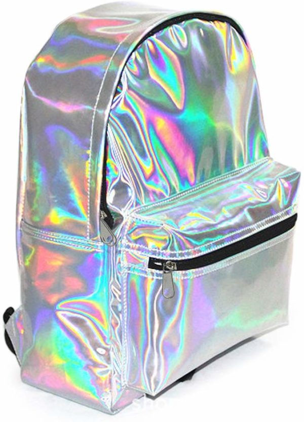 Girl's Silver Holographic Iridescent Leather Backpack Travel