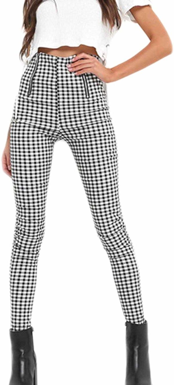 Women's Pencil Pants Vintage High Waisted Skinny Checkered Trousers