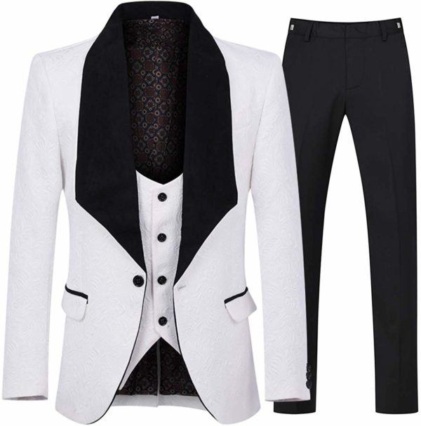 Men's 3-Piece Slim Jacquard Black and White Tuxedo Suit Jacket