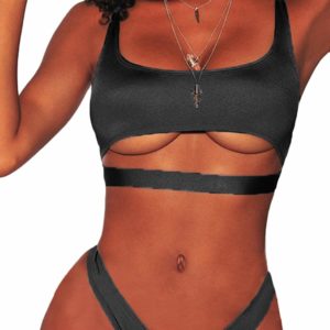 Women's Sexy Scoop Neck High Cut Black Thong Bikini Set