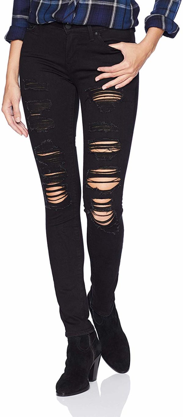 Women's Black Destroyed Skinny Ripped Jeans Retro Style