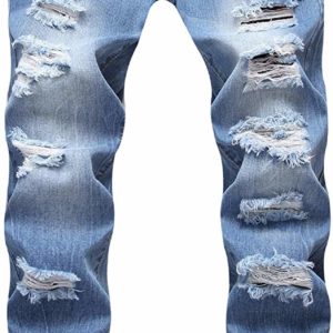 Men's Destroyed Blue Skinny Ripped Slim Jeans Stretch Pants