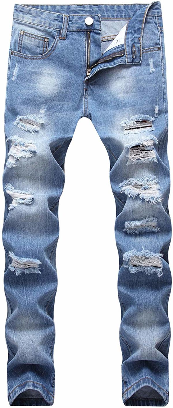 Men's Destroyed Blue Skinny Ripped Slim Jeans Stretch Pants