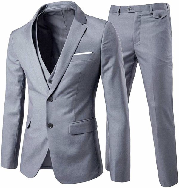 Men's 3-Piece Slim-Fit Grey Suit Blazer Business Gray Jacket