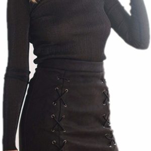 Women's Classic High Waisted Lace Up Black Mini Skirt Tumblr