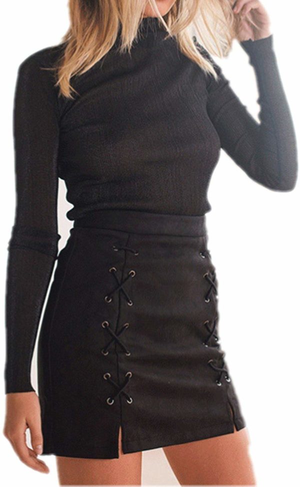 Women's Classic High Waisted Lace Up Black Mini Skirt Tumblr