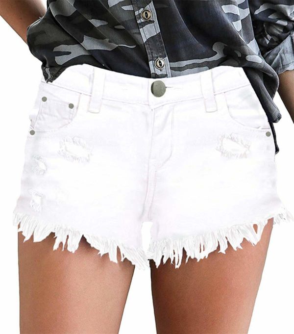 Women's Casual White Mid Waisted Ripped Distressed Shorts