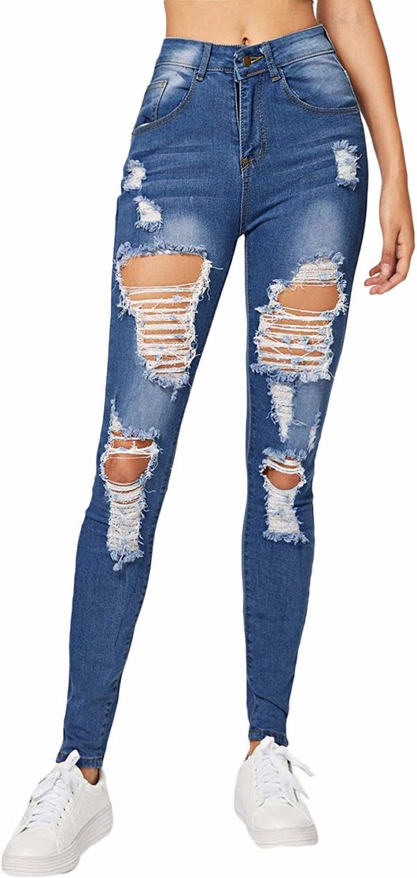 Women's Destroyed Skinny Blue Ripped Jeans Mid Waist Casual