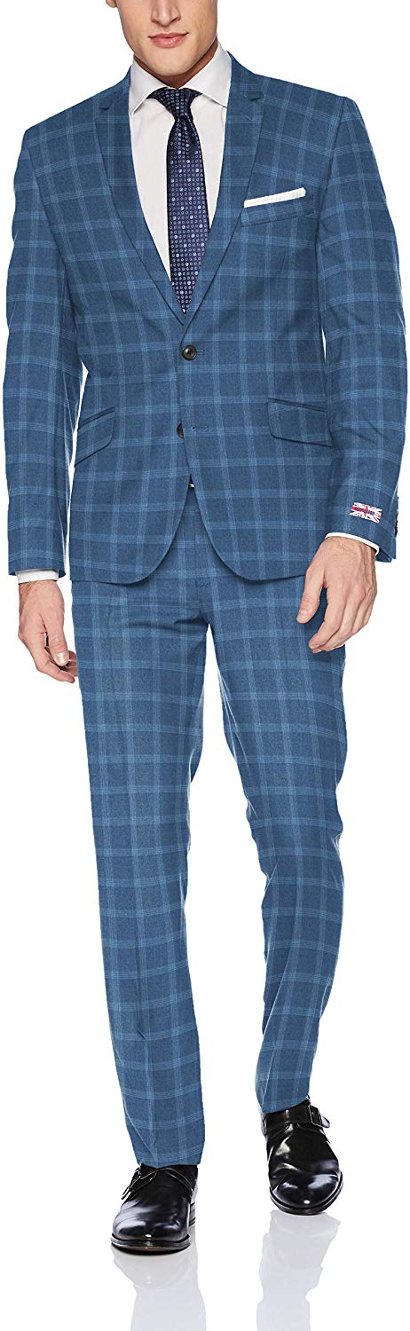Men's Slim Stretch Bright Blue Check Business Suit