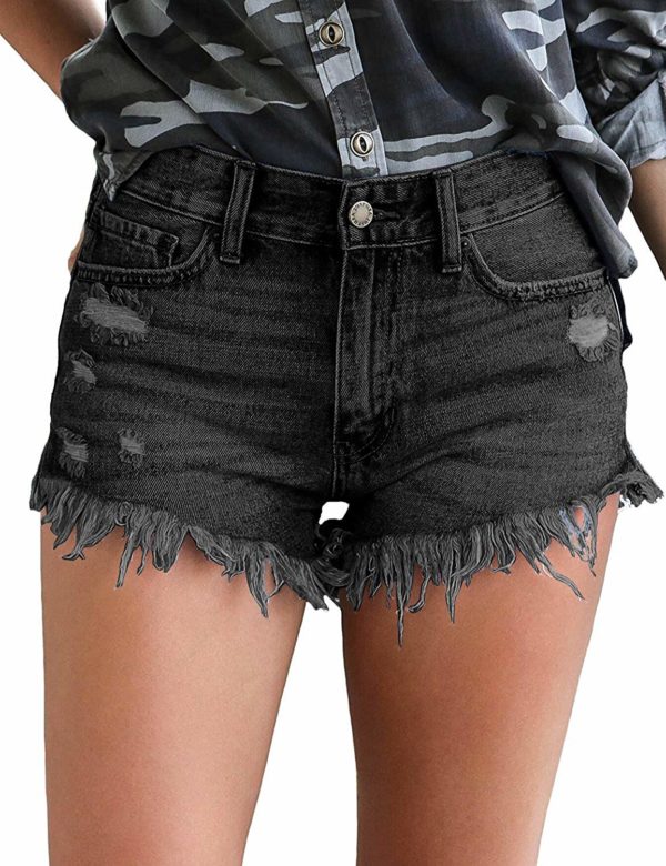 Women's Casual Black Mid Waisted Denim Ripped Jean Shorts