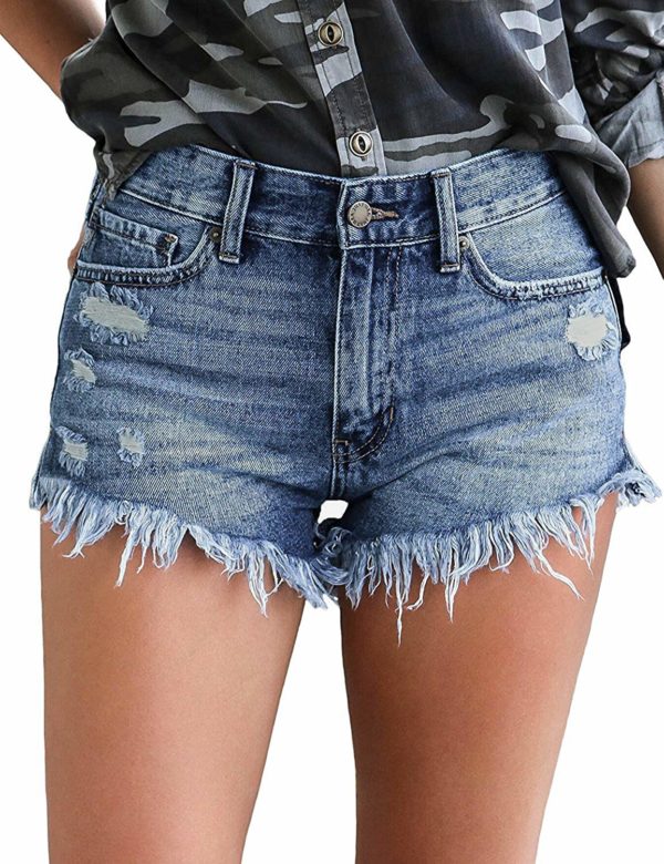 Women's Ripped Blue Denim Destroyed Rip Jeans Shorts