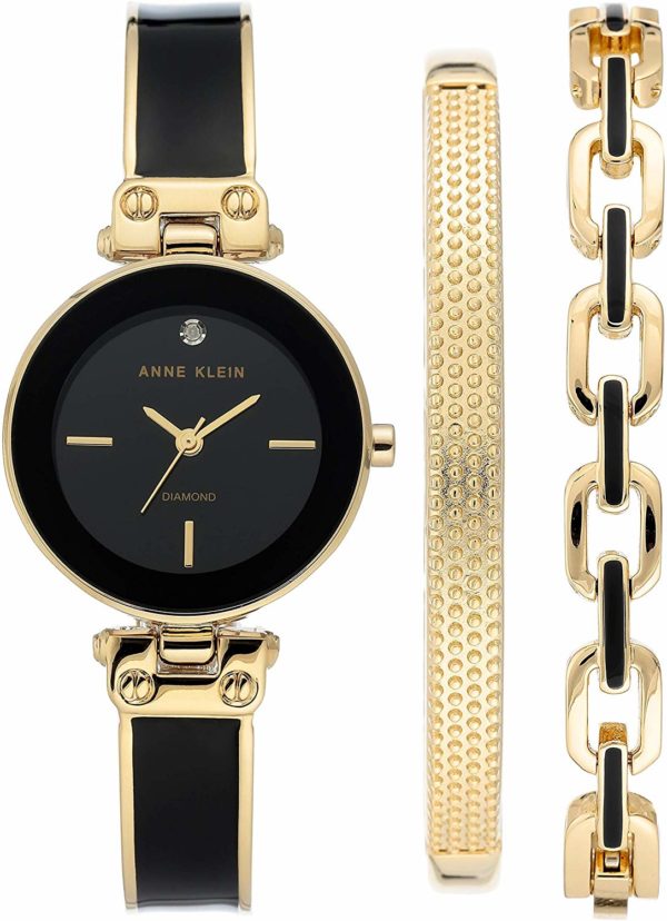 Anne Klein Women's Diamond Dial Black and Gold Watch