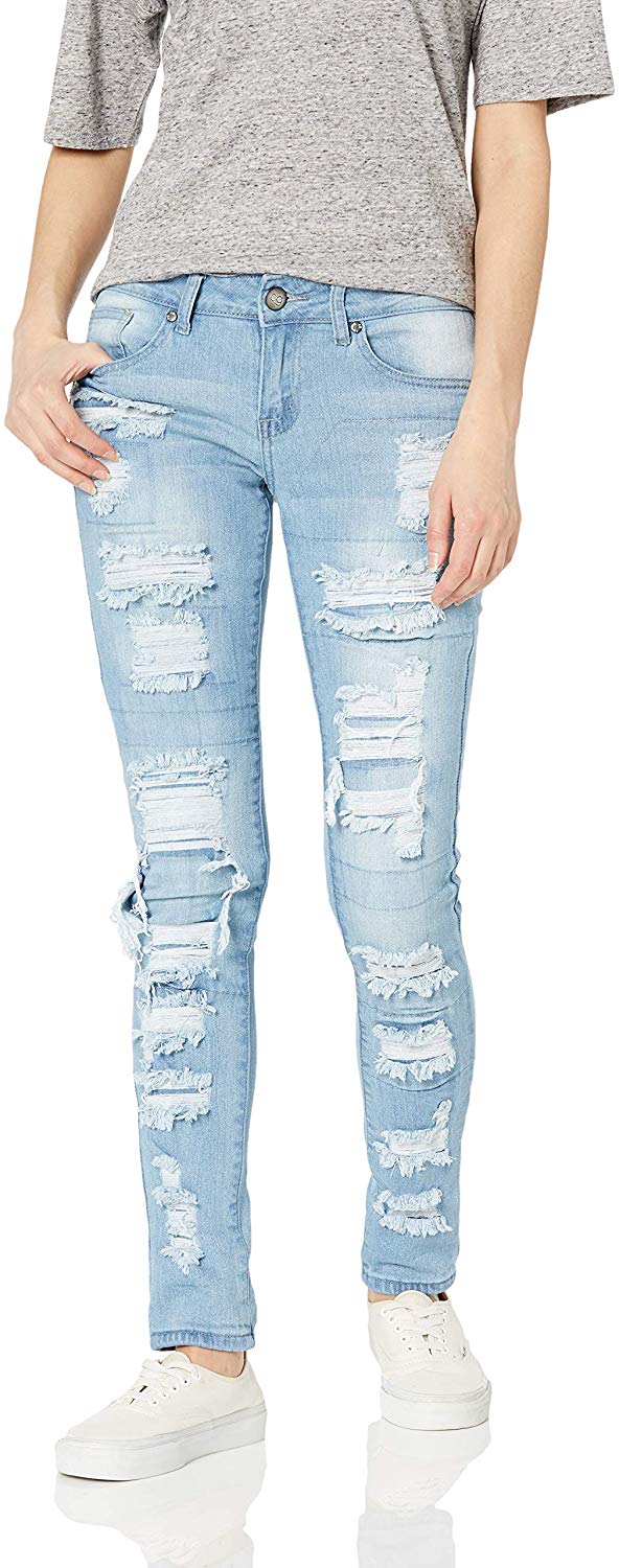 Women's Patched Skinny Destroyed Blue Ripped Jeans